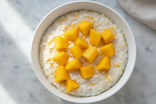 Risifrutti med POW vaniljkasein, mango och citronzest. Barndomen fast med protein. Klar på 15 minuter.