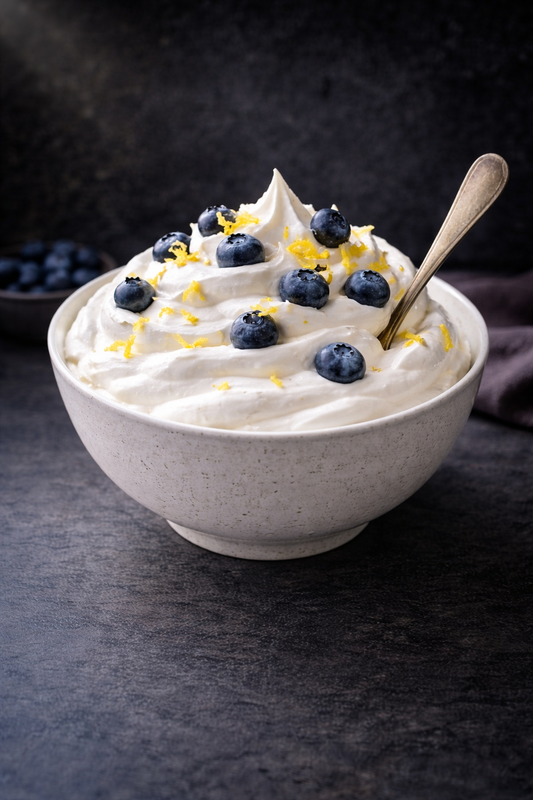 Protein Fluff med POW vaniljkasein, blåbär och citronzest. Ser avancerat ut. Tog tre minuter.