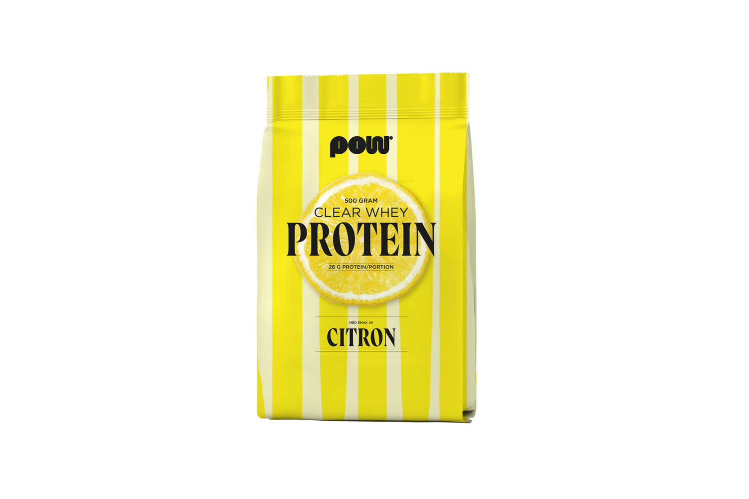 Gul förpackning med vita ränder av POW Clear Whey protein citron, 500 g laktosfritt vassleprotein.