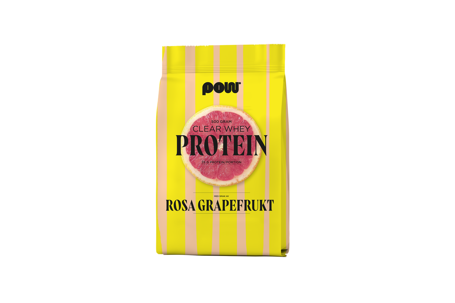 Gul förpackning med vita ränder av POW Clear Whey protein rosa grapefrukt, 500 g laktosfritt vassleprotein.