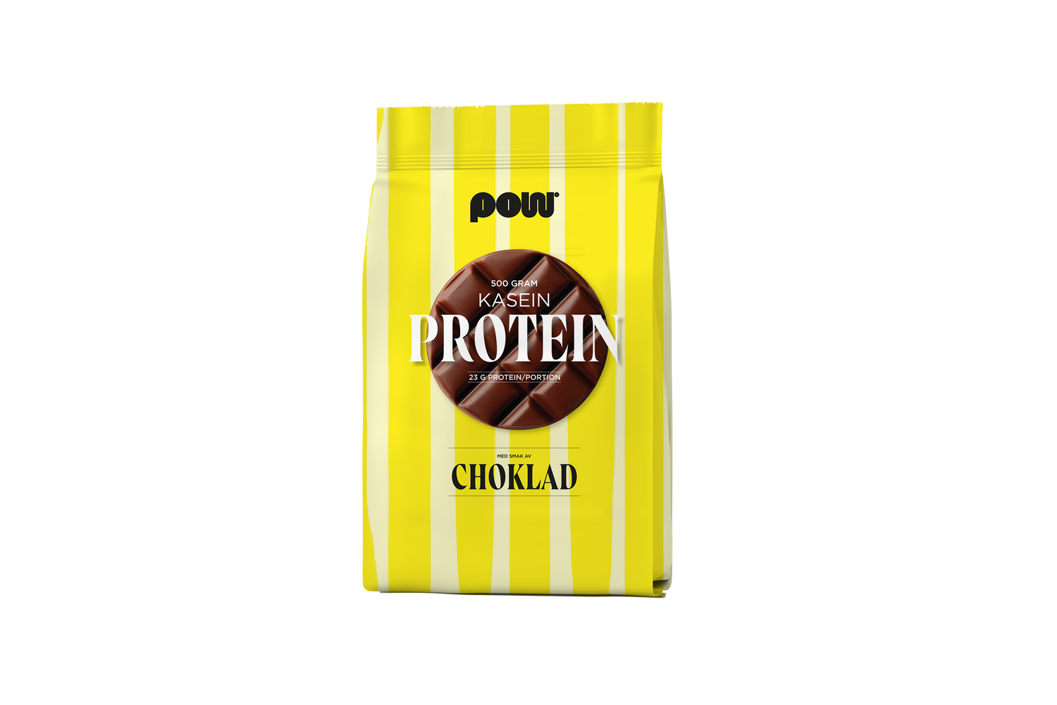 Gul förpackning med vita ränder av POW Kaseinprotein choklad, 500 g krämigt mjölkprotein för shake, fluff och bakning.