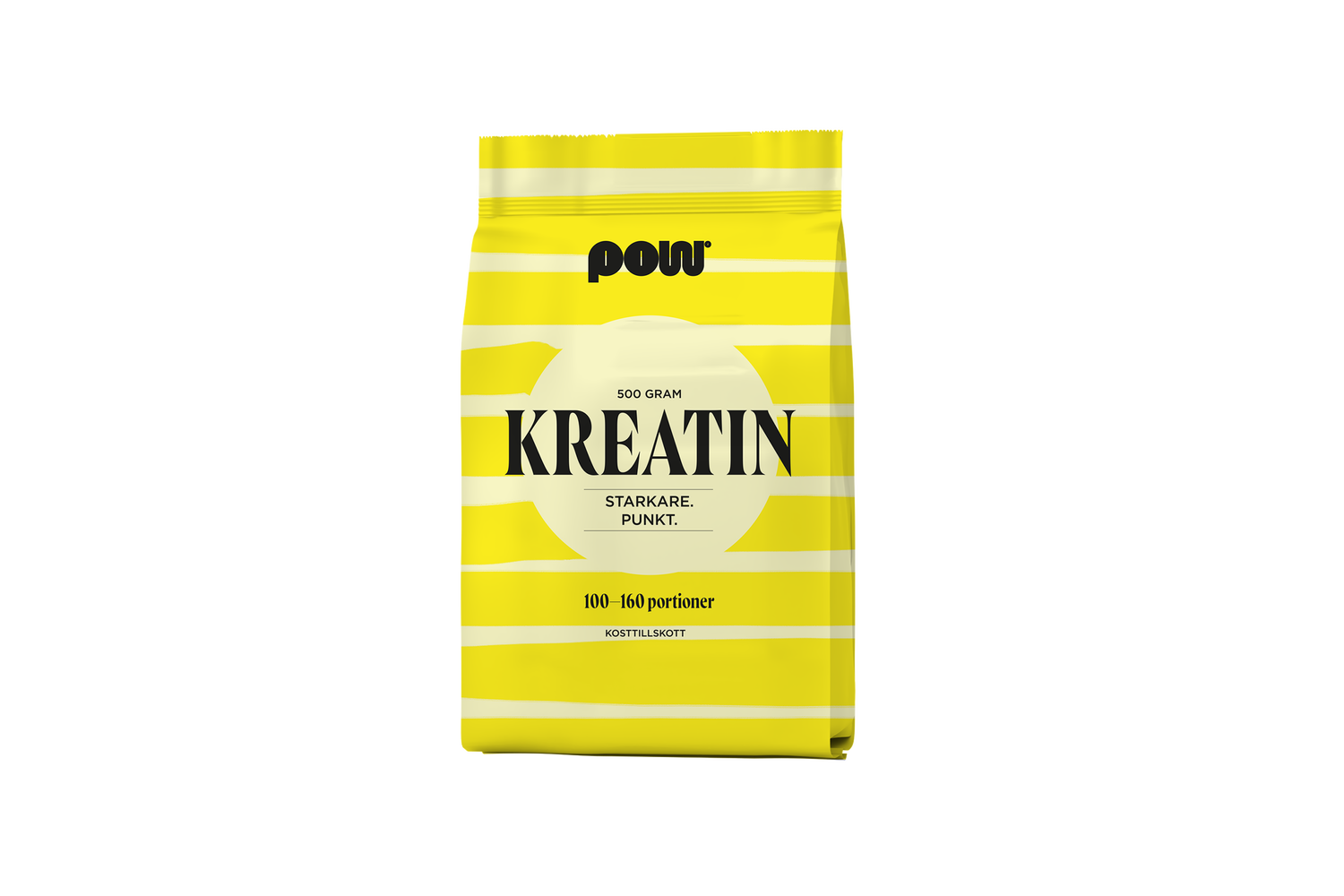 Gul förpackning med vita ränder av POW Kreatinmonohydrat, 500 g rent kreatin, 100–160 portioner.