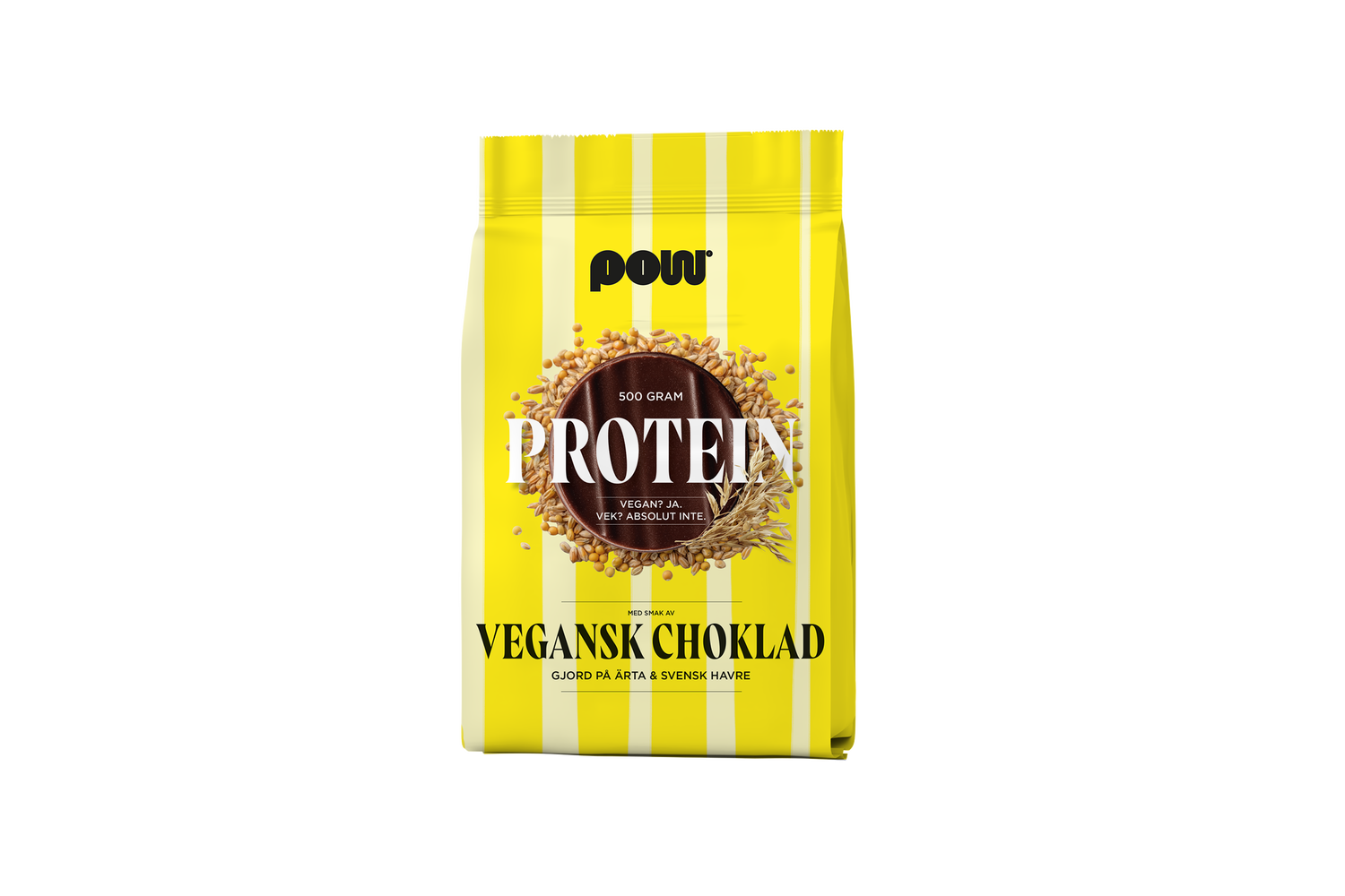 Gul förpackning med vita ränder av POW Veganskt Protein choklad, 500 g växtbaserat proteinpulver med ärtprotein och havre.