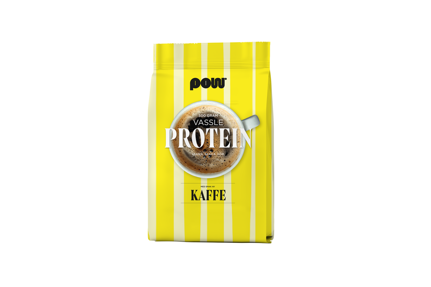 Gul förpackning med vita ränder av POW Vassleprotein kaffe, 500 g proteinpulver med kaffesmak.